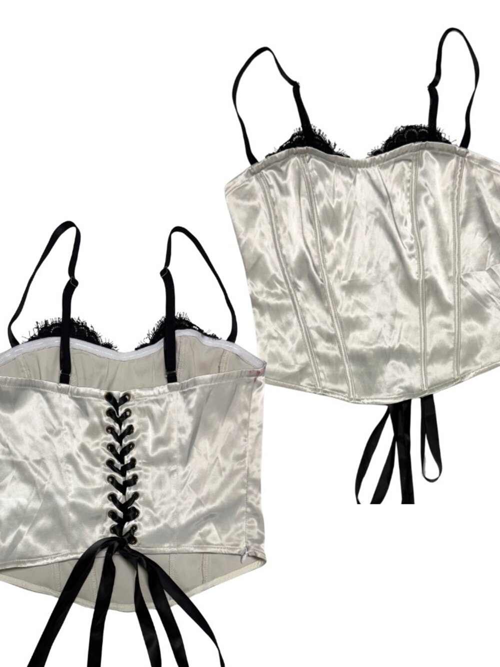 Women's White and Black Satin Lace-Up Corset Size Small